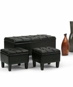 Simpli Home - Dover Rectangular Faux Leather Storage Ottoman Bench (Set of 3) - Midnight Black