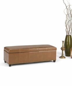 Simpli Home - Kingsley Rectangular Bonded Leather Bench Ottoman With Inner Storage - Burnt Umber Tan