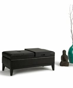 Simpli Home - Oregon Rectangular Polyurethane Faux Leather Bench Ottoman With Inner Storage - Midnight Black