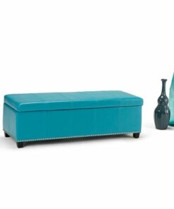 Simpli Home - Kingsley Rectangular Bonded Leather Bench Ottoman With Inner Storage - Mediterranean Blue