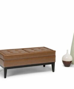 Simpli Home - Castlerock Rectangular Polyurethane Faux Leather Bench Ottoman With Inner Storage - Burnt Umber Tan