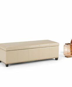 Simpli Home - Kingsley Rectangular Bonded Leather Bench Ottoman With Inner Storage - Satin Cream