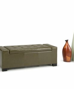 Simpli Home - Laredo Rectangular Polyurethane Faux Leather Bench Ottoman With Inner Storage - Deep Olive Green