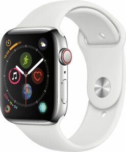 Geek Squad Certified Refurbished Apple Watch Series 4 (GPS + Cellular) 44mm Stainless Steel Case with White Sport Band - Stainless steel