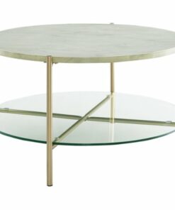 Walker Edison - Modern Round Coffee Table - Faux White Marble/Glass/Gold