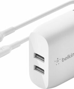 Belkin - 24W Dual Port USB Wall Charger with USB C Cable - Fast Charging for iPhone, Galaxy , Pixel & More - White