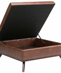 Simpli Home - Owen Square Mid-Century Modern Faux Air Leather Ottoman With Inner Storage - Distressed Saddle Brown