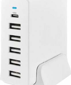 Insignia™ - 58 W 4' Wall Charger with 6 USB/USB-C Ports - White