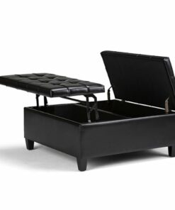 Simpli Home - Harrison 36 inch Wide Transitional Square Coffee Table Storage Ottoman in Faux Leather - Midnight Black