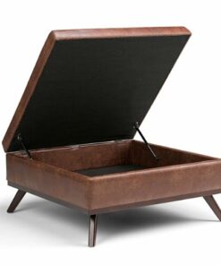 Simpli Home - Owen 38 inch Wide Mid Century Modern Square Coffee Table Storage Ottoman - Distressed Saddle Brown