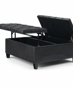 Simpli Home - Harrison 36 inch Wide Transitional Square Coffee Table Storage Ottoman in Faux Leather - Distressed Black