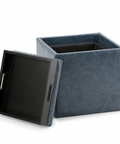 Simpli Home - Rockwood 17 inch Wide Contemporary Square Cube Storage Ottoman with Tray - Denim Blue