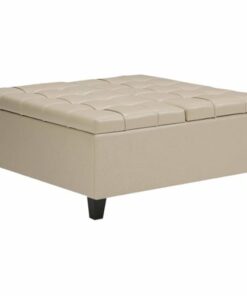 Simpli Home - Harrison 36 inch Wide Transitional Square Coffee Table Storage Ottoman in Faux Leather - Satin Cream