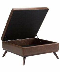 Simpli Home - Owen Square Mid-Century Modern Faux Air Leather Ottoman With Inner Storage - Distressed Chestnut Brown