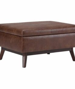 Simpli Home - Owen Mid-Century Modern Faux Air Leather Ottoman With Inner Storage - Distressed Saddle Brown