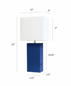 Elegant Designs - Modern Leather Table Lamp with USB and White Fabric Shade - Blue