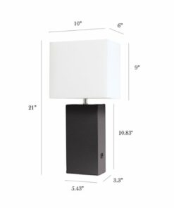 Elegant Designs - Modern Leather Table Lamp with USB and White Fabric Shade - Brown