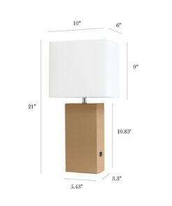 Elegant Designs - Modern Leather Table Lamp with USB and White Fabric Shade - Beige