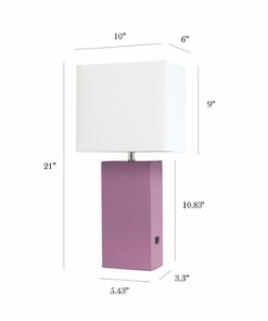 Elegant Designs - Modern Leather Table Lamp with USB and White Fabric Shade - Purple