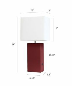 Elegant Designs - Modern Leather Table Lamp with USB and White Fabric Shade - Red