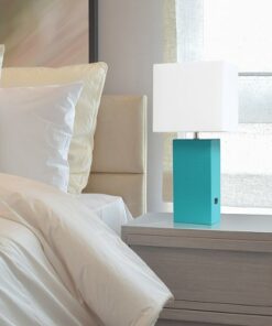Elegant Designs - Modern Leather Table Lamp with USB and White Fabric Shade - Teal