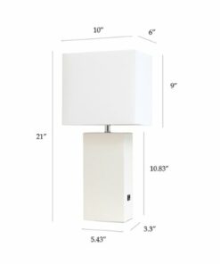 Elegant Designs - Modern Leather Table Lamp with USB and White Fabric Shade - White