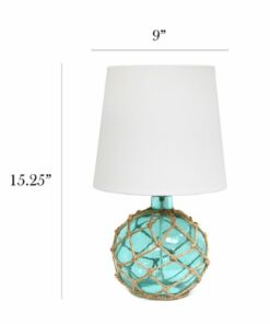 Elegant Designs - Buoy Rope Nautical Netted Coastal Ocean Sea Glass Table Lamp with White Fabric Shade - Aqua