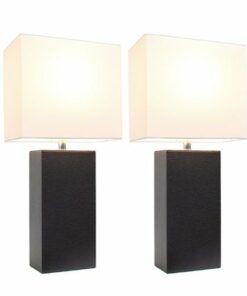 Elegant Designs - 2 Pack Modern Leather Table Lamps with White Fabric Shades - Espresso Brown
