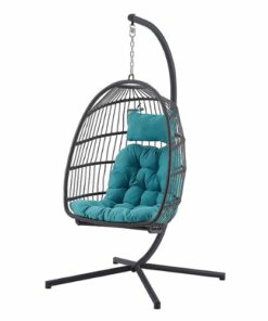 Walker Edison - Swinging Wicker Patio Egg Chair with Cushion - Grey/Teal