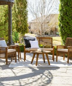Walker Edison - Modern 5-Piece Slat-Back Acacia Wood Chat Set - Dark Brown