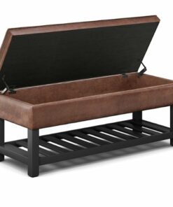 Simpli Home - Cosmopolitan 44 inch Wide Traditional Rectangle Storage Ottoman Bench in Faux Leather - Distressed Saddle Brown