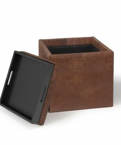 Simpli Home - Rockwood 17 inch Wide Contemporary Square Cube Storage Ottoman with Tray - Distressed Saddle Brown