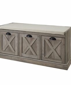 Walker Edison - 40” Farmhouse Storage Bench with Top Cushion - Grey Wash/Oatmeal Linen