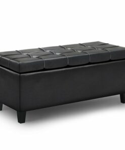 Simpli Home - Harrison 44 inch Wide Transitional Rectangle Lift Top Rectangular Storage Ottoman in Faux Leather - Midnight Black