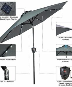 Sun Ray - 9' Round 8Rib Aluminum Bluetooth Solar Lighted Umbrella - Gray