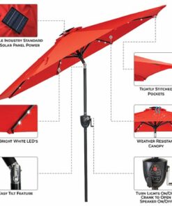 Sun Ray - 9' Round 8Rib Aluminum Bluetooth Solar Lighted Umbrella - Ruby Red