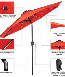Sun Ray - 9' Round Next Gen Solar Lighted Umbrella - Ruby Red