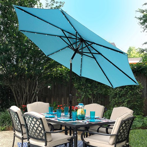 Sun Ray - 9' Round Solar Lighted Umbrella - Aqua