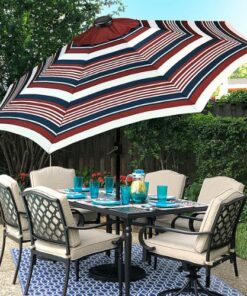 Sun Ray - 9' Round Solar Lighted Umbrella - Scarlet Striped