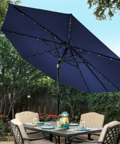 Sun Ray - 9' Round Solar Lighted Umbrella - Navy Blue