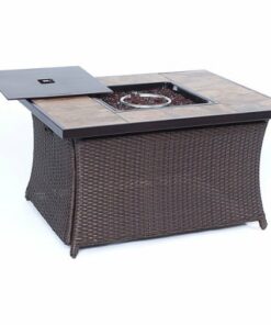 Hanover - Woven 40,000 BTU Fire Pit Coffee Table with Porcelain Tile Top - Brown/Porcelain Tile Top