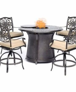 Hanover - Traditions 5-Piece High-Dining Set with Fire Pit Table - Alumicast/Tan