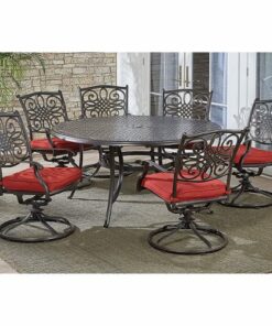 Hanover - Traditions 7-Piece Dining Set with a 60 In. Round Cast-top Table and Six Swivel Rockers - Alumicast/Red