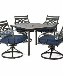 Hanover - Montclair 5-Piece Patio Dining Set with 4 Swivel Rockers and a 40-Inch Square Table - Navy/Brown