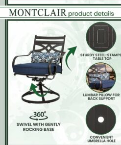 Hanover - Montclair 7-Piece Dining Set with 6 Swivel Rockers and a 40" x 67" Dining Table - Navy/Brown