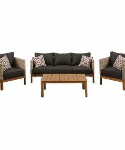 Mod Furniture - Blake 4-Piece Set with 2 Bucket Chairs, Sofa and 44” x 17” Faux Wood Coffee Table - Black/Faux Wood