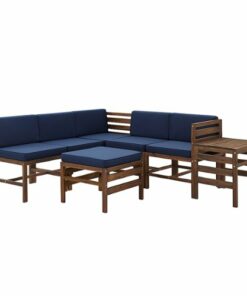 Walker Edison - Modern 7 Piece Solid Acacia Wood Patio Chat Set - Dark brown/navy blue
