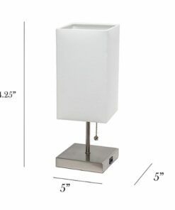 Simple Designs - Petite Stick Lamp with USB Charging Port and Fabric Shade 2 Pack Set - Brushed Nickel base/White shade