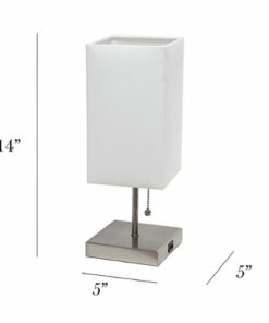 Simple Designs - Petite Stick Lamp with USB Charging Port and Fabric Shade - Brushed Nickel base/White shade