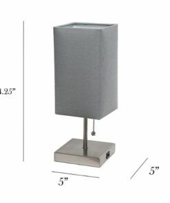 Simple Designs - Petite Stick Lamp with USB Charging Port and Fabric Shade 2 Pack Set - Brushed Nickel base/Gray shade